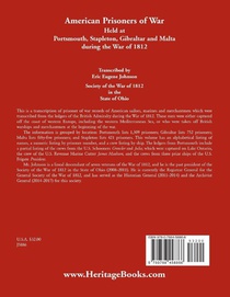 American Prisoners of War Held At Portsmouth, Stapleton, Gibraltar and Malta during the War of 1812 achterzijde