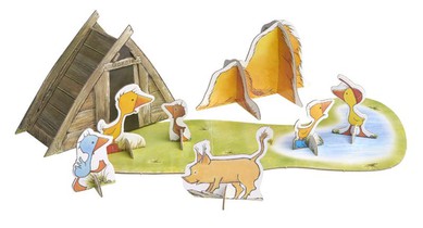 Gonnie en haar vriendjes spelen op de boerderij achterzijde