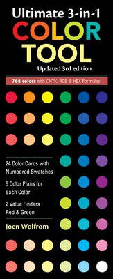 Ultimate 3-In-1 Color Tool, Updated 3rd Edition: - 24 Color Cards with Numbered Swatches - 5 Color Plans for Each Color - 2 Value Finders Red & Green