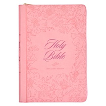 KJV Holy Bible, Thinline Large Print Faux Leather Red Letter Edition - Thumb Index & Ribbon Marker, King James Version, Pink, Zipper Closure voorzijde