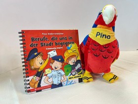 Pinos Kinderratebücher: Berufe, die uns in der Stadt begegnen + Pino der Papagei Plüschtier Bundle