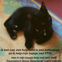 Ik ben Leo, een hulphond in een kattenjasje en ik help mijn baasje met PTSS voorzijde